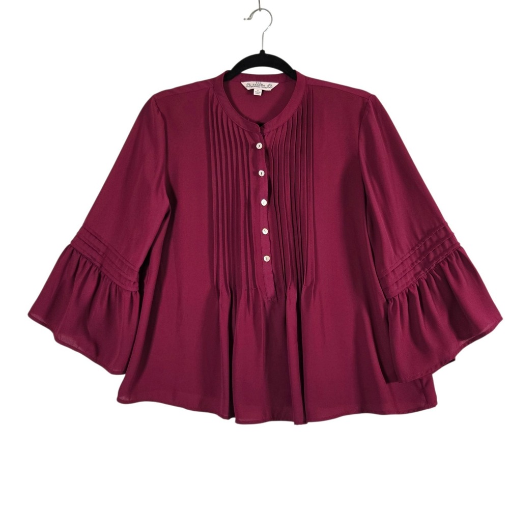 Eco Nanette Blouse Womens Small Solid Purple 3/4 Bell Sleeve Pin Tuck Bodice
